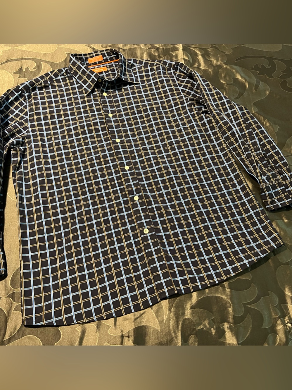 Faconnable Navy Blue Button-up Long Sleeve Dress Shirt Windowpane Check Large